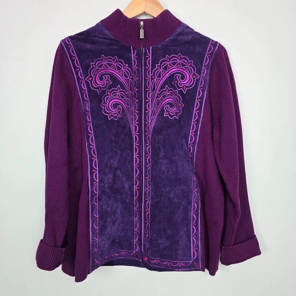 Bob Mackie Wearable Art Embroidered Leather Jacket Sz L Boho Festival Statement - Picture 2 of 13